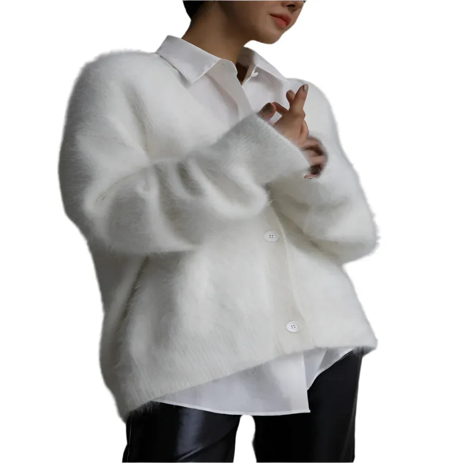 Lockere V-Ausschnitt Strickjacke mit Knöpfen Herbst Winter Mode Einreihiger Strickpullover Top Damenbekleidung
