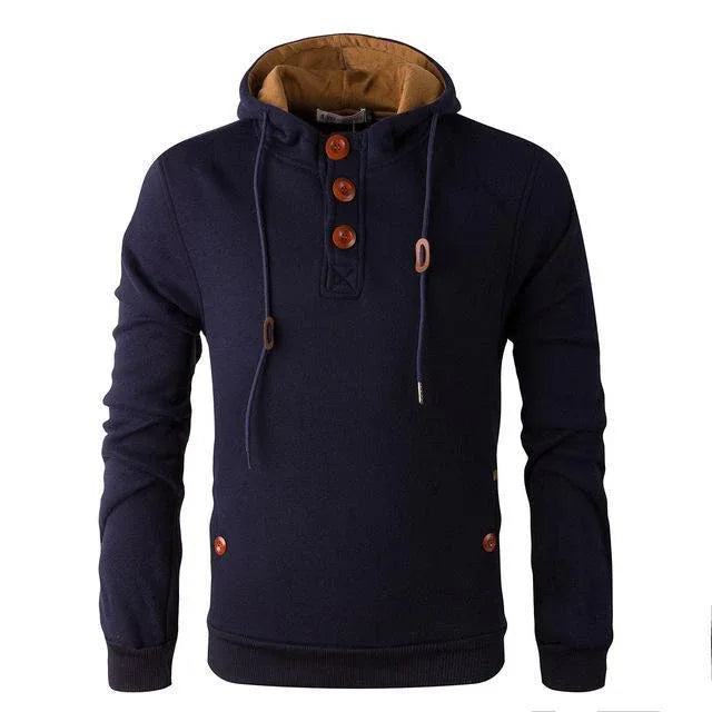 Herren Slim Fit Kapuzenpullover mit Holzknöpfen und Fleece-Futter