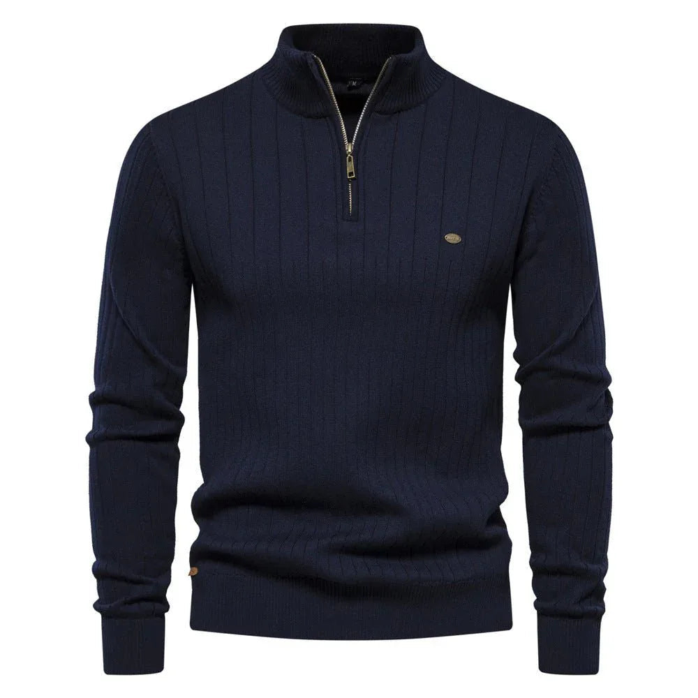 Herren Stehkragen Pullover Mode Halb-Reißverschluss Einfarbig Gestreifter Strickpullover Hohe Qualität Slim Fit Oberteil Kleidung