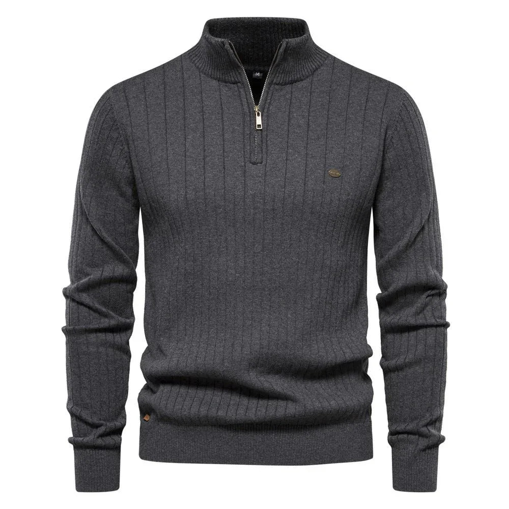 Herren Stehkragen Pullover Mode Halb-Reißverschluss Einfarbig Gestreifter Strickpullover Hohe Qualität Slim Fit Oberteil Kleidung