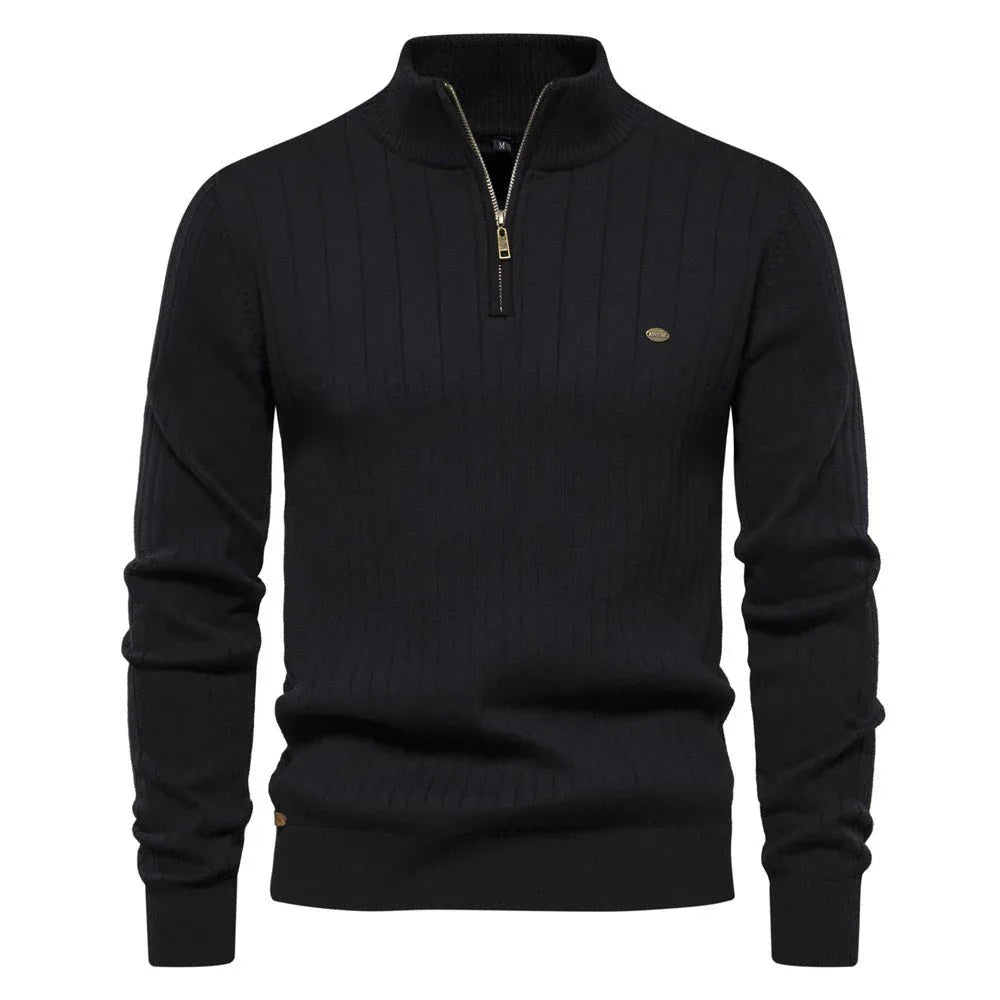 Herren Stehkragen Pullover Mode Halb-Reißverschluss Einfarbig Gestreifter Strickpullover Hohe Qualität Slim Fit Oberteil Kleidung