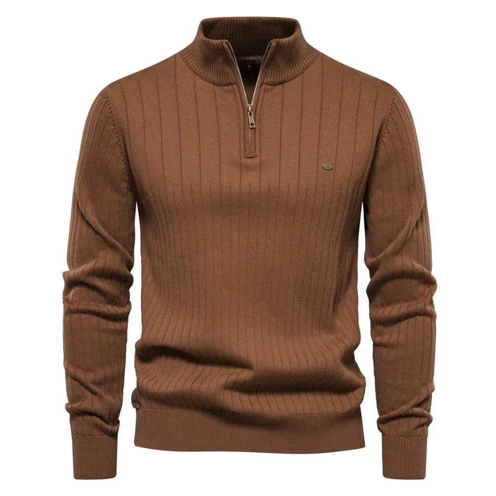 Herren Stehkragen Pullover Mode Halb-Reißverschluss Einfarbig Gestreifter Strickpullover Hohe Qualität Slim Fit Oberteil Kleidung