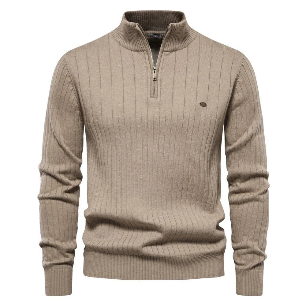 Herren Stehkragen Pullover Mode Halb-Reißverschluss Einfarbig Gestreifter Strickpullover Hohe Qualität Slim Fit Oberteil Kleidung