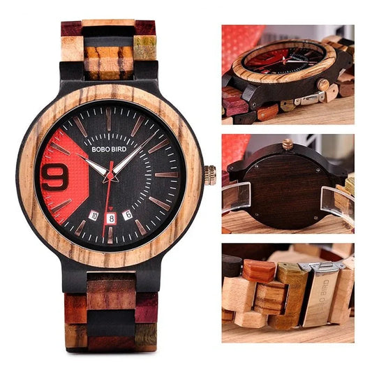 Herrenarmbanduhr aus Holz mit Quarzwerk und Kalenderfunktion