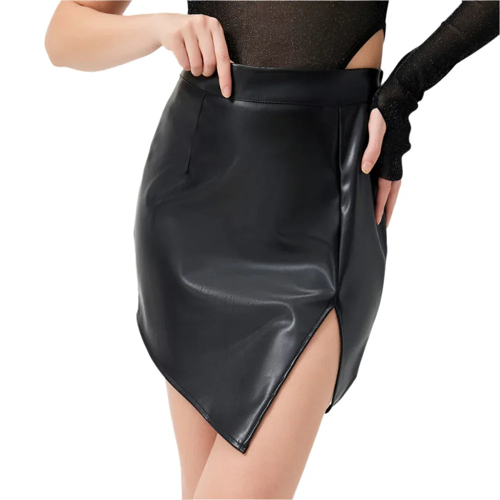 PU-Lederrock mit hohem Schlitz im Spice-Girl-Stil und mittlerer Bundhöhe