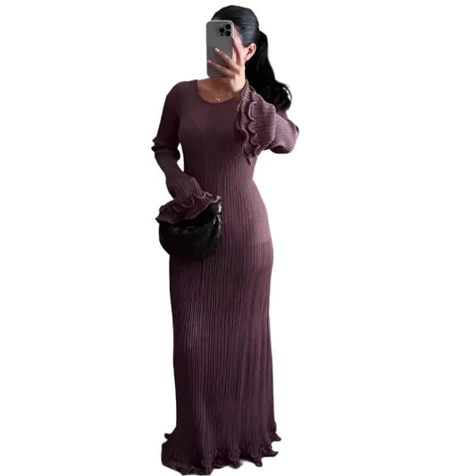Solid Color Round Neck Long Sleeve Slim Fit Stringy Selvedge Dress