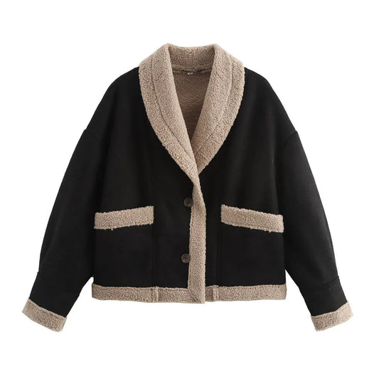 Wildleder-Mantel mit Reverskragen und Taschen Wintermodejacke für Damen