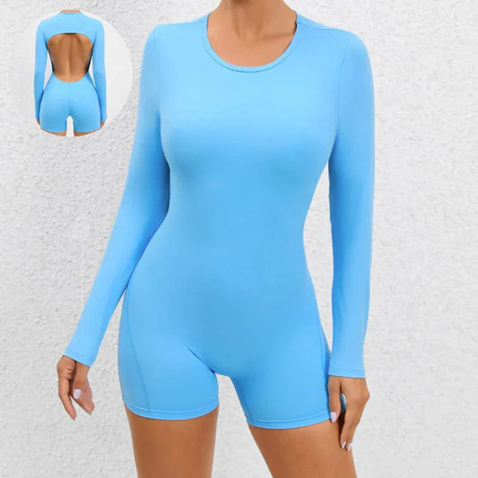Enger langärmliger Jumpsuit mit offener Rückseite für Fitness, Sport und Training für Damen
