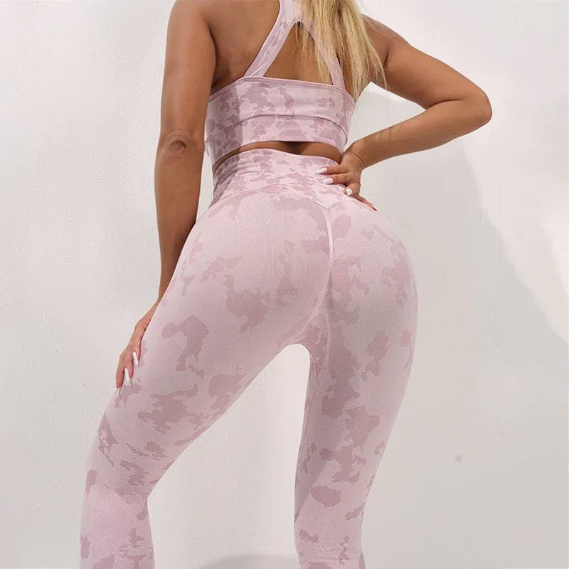 Damen Fitness Camouflage Yogahose Hohe Taille Nahtlose Leggings Po-Lift Strumpfhose Gym Sport Kleidung