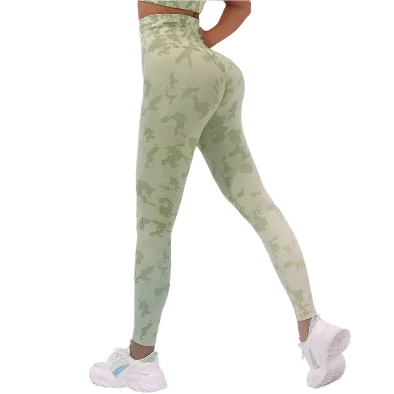 Damen Fitness Camouflage Yogahose Hohe Taille Nahtlose Leggings Po-Lift Strumpfhose Gym Sport Kleidung