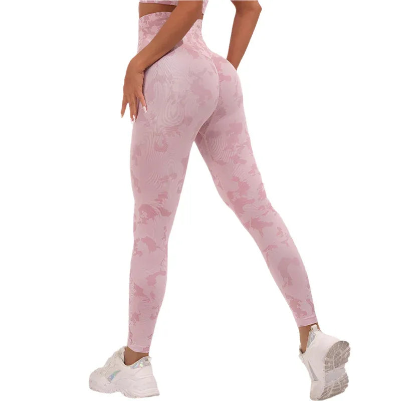 Damen Fitness Camouflage Yogahose Hohe Taille Nahtlose Leggings Po-Lift Strumpfhose Gym Sport Kleidung