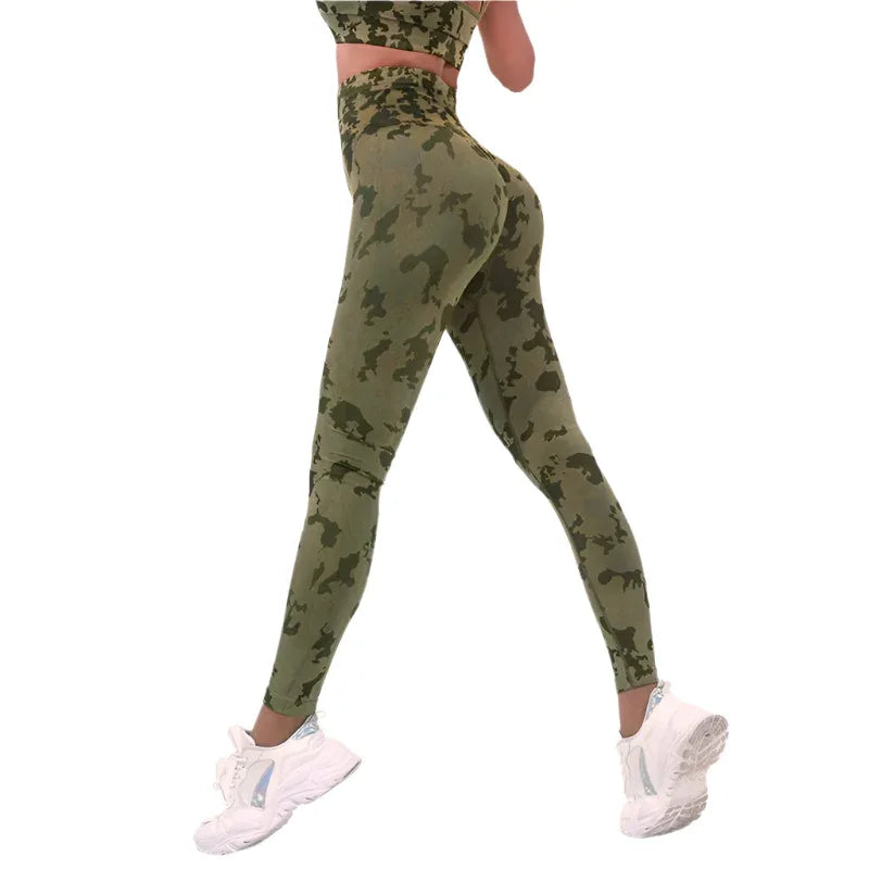 Damen Fitness Camouflage Yogahose Hohe Taille Nahtlose Leggings Po-Lift Strumpfhose Gym Sport Kleidung