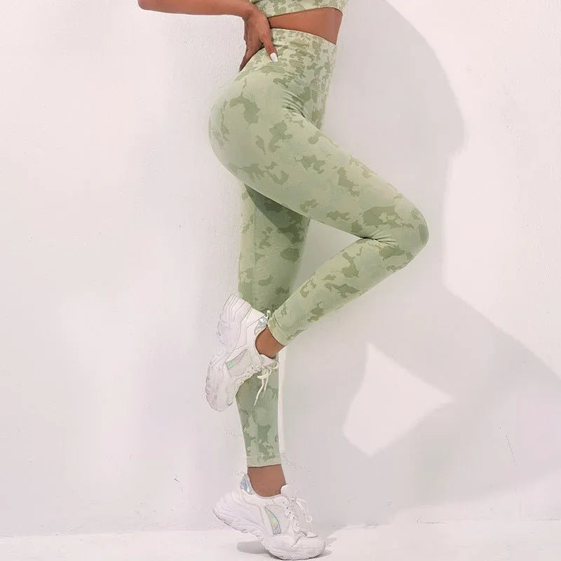 Damen Fitness Camouflage Yogahose Hohe Taille Nahtlose Leggings Po-Lift Strumpfhose Gym Sport Kleidung