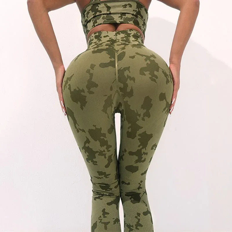 Damen Fitness Camouflage Yogahose Hohe Taille Nahtlose Leggings Po-Lift Strumpfhose Gym Sport Kleidung