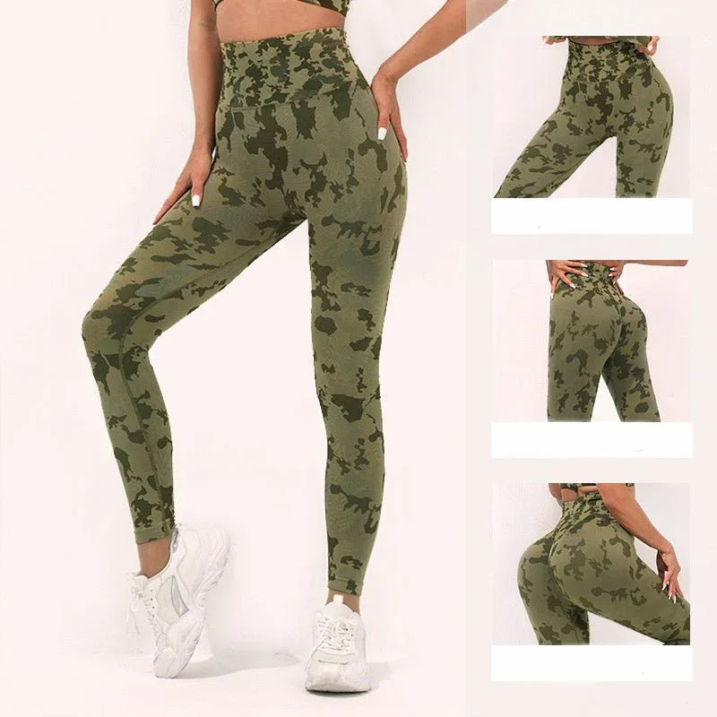 Damen Fitness Camouflage Yogahose Hohe Taille Nahtlose Leggings Po-Lift Strumpfhose Gym Sport Kleidung
