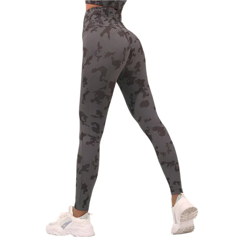 Damen Fitness Camouflage Yogahose Hohe Taille Nahtlose Leggings Po-Lift Strumpfhose Gym Sport Kleidung