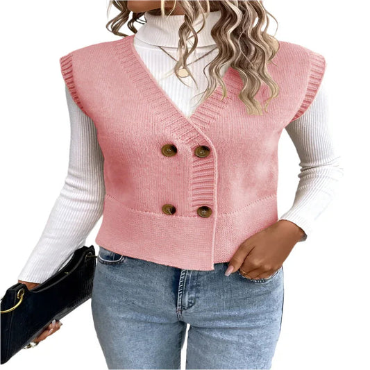 Suéter informal de punto con cuello de pico y botones para mujer