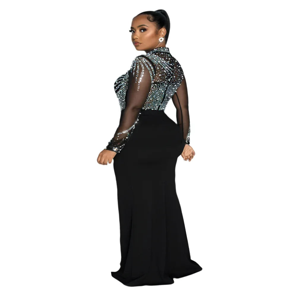 Damen-Strass-Perlen-durchsichtiges, tailliertes, elastisches Kleid mit Schlitz