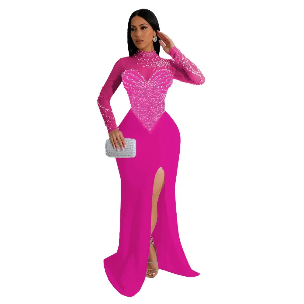 Damen-Strass-Perlen-durchsichtiges, tailliertes, elastisches Kleid mit Schlitz