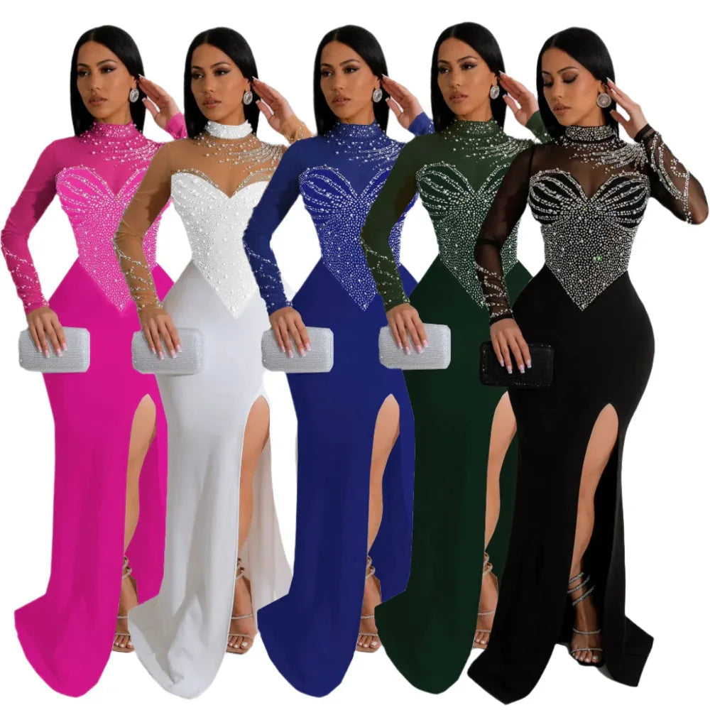 Damen-Strass-Perlen-durchsichtiges, tailliertes, elastisches Kleid mit Schlitz