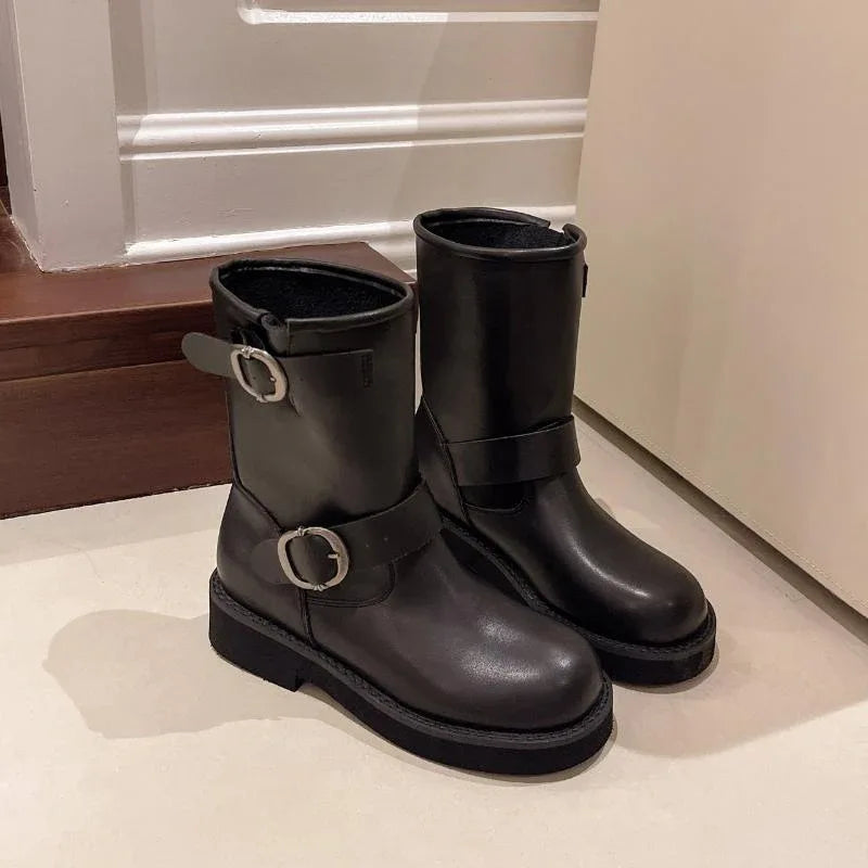 Women's Round Toe Vintage Martin Boots Shoes With Two Buckles