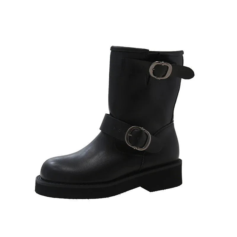 Women's Round Toe Vintage Martin Boots Shoes With Two Buckles