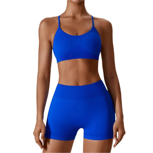 Nahtloses Sport-BH & Gym-Shorts-Set für Damen mit offener Rückenpartie, schnelltrocknend und eng anliegend