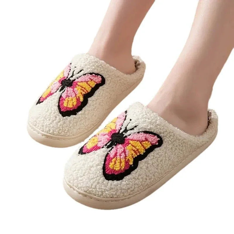 Damen Weiche Warme Indoor Hausschuhe aus Baumwolle mit gesticktem Schmetterling