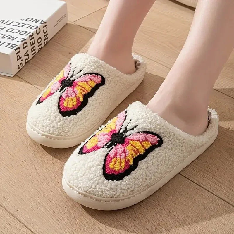 Damen Weiche Warme Indoor Hausschuhe aus Baumwolle mit gesticktem Schmetterling