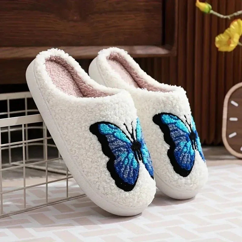 Damen Weiche Warme Indoor Hausschuhe aus Baumwolle mit gesticktem Schmetterling