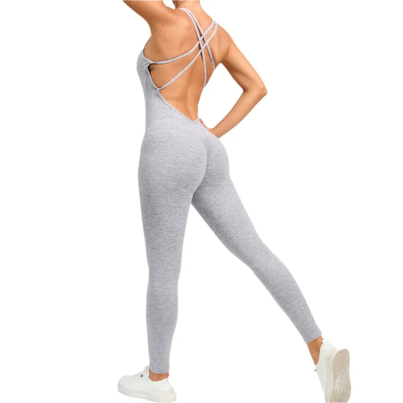 Yoga-Jumpsuit mit überkreuztem Rückendesign, schnelltrocknend, eng anliegend, für Lauf- und Fitnesssport, Damen-Sportbekleidung