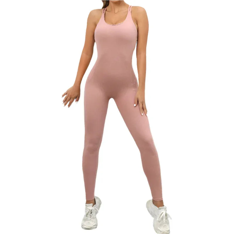Yoga-Jumpsuit mit überkreuztem Rückendesign, schnelltrocknend, eng anliegend, für Lauf- und Fitnesssport, Damen-Sportbekleidung