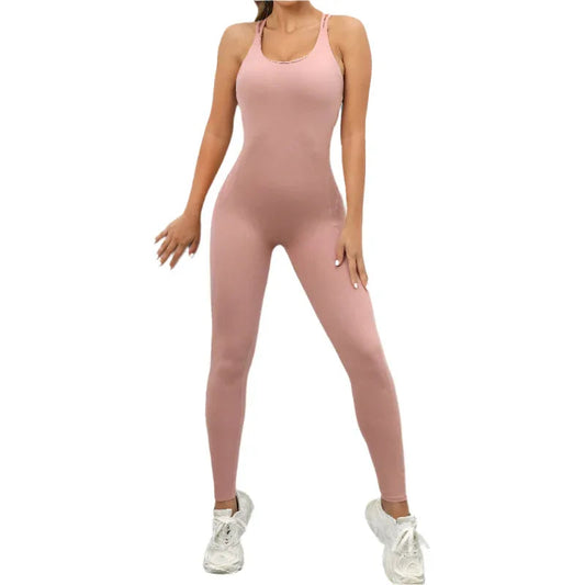 Yoga-Jumpsuit mit überkreuztem Rückendesign, schnelltrocknend, eng anliegend, für Lauf- und Fitnesssport, Damen-Sportbekleidung