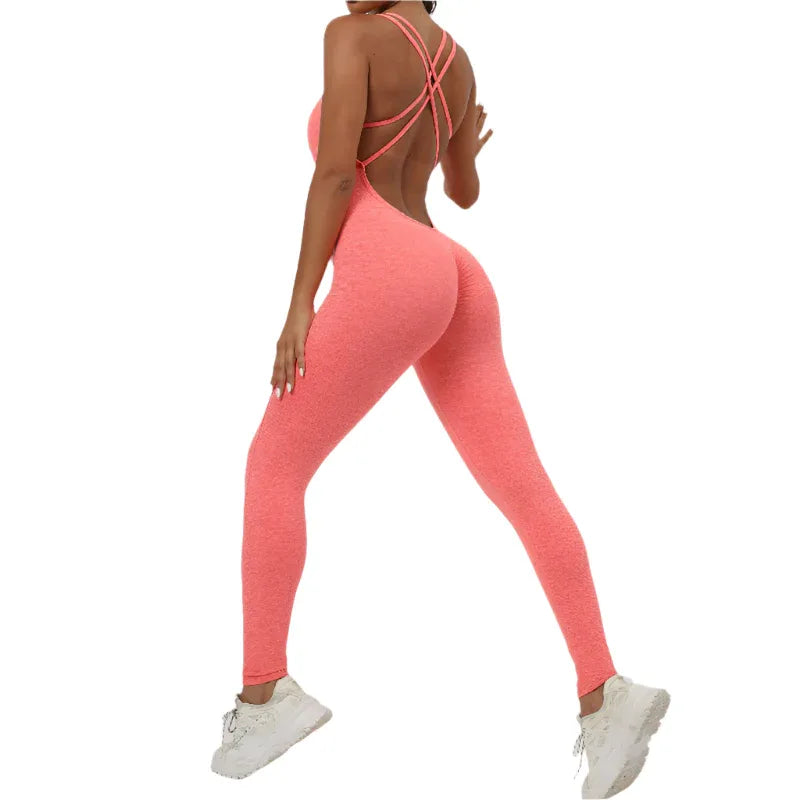 Yoga-Jumpsuit mit überkreuztem Rückendesign, schnelltrocknend, eng anliegend, für Lauf- und Fitnesssport, Damen-Sportbekleidung